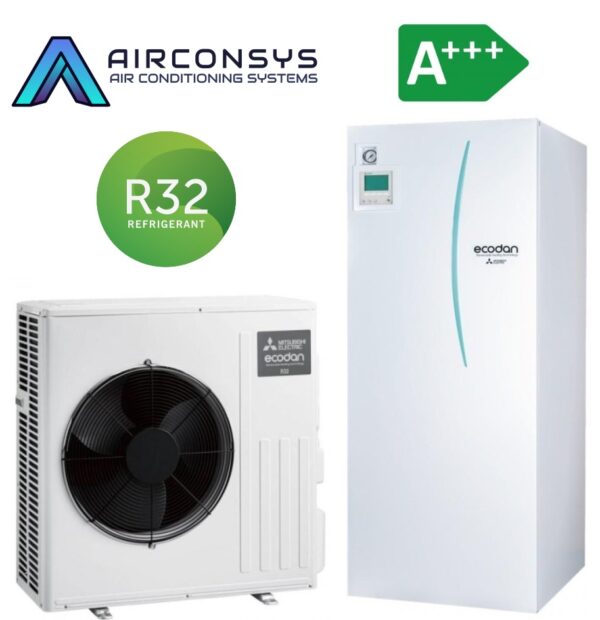 Mitsubishi EcoInveter SUZ-SWM60VA2 6,0 kW R32 kültéri ERST20D-VM9E padlón álló beltéri egységgel és 200 L-es beépített tartállyal