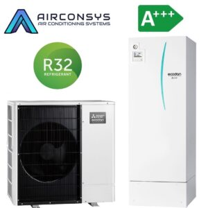 Mitsubishi ZUBADAN PUZ-SHWM80VAA 8,0 kW R32 kültéri ERST30F-YM9EE padlón álló beltéri egységgel és 300 L-es beépített tartállyal