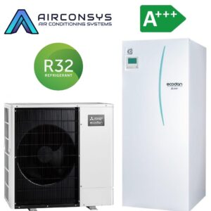 Mitsubishi Power Inveter PUZ-SWM100YAA 10,0 kW R32 kültéri ERST20F-YM9E padlón álló beltéri egységgel és 200 L-es beépített tartállyal