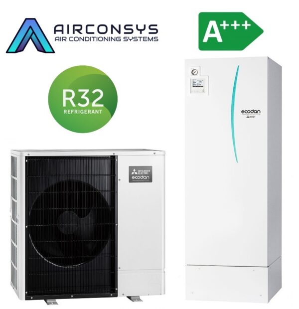 Mitsubishi ZUBADAN PUZ-SHWM80YAA 8,0 kW R32 kültéri ERST30F-YM9EE padlón álló beltéri egységgel és 300 L-es beépített tartállyal