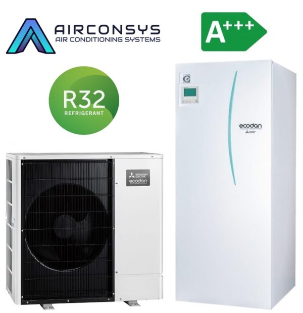 Mitsubishi Power Inveter PUZ-SWM140YAA 14,0 kW R32 kültéri ERST20F-VM2E padlón álló beltéri egységgel és 200 L-es beépített tartállyal