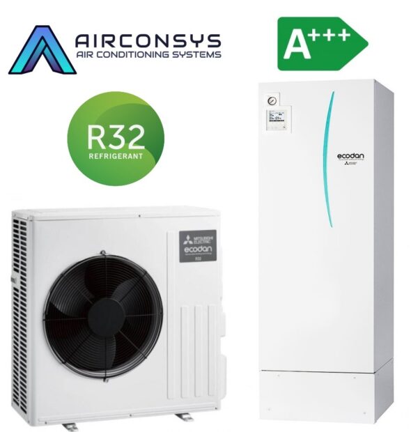 Mitsubishi EcoInveter SUZ-SWM80VA2 8,0 kW R32 kültéri ERST30D-VM9EE padlón álló beltéri egységgel és 300 L-es beépített tartállyal
